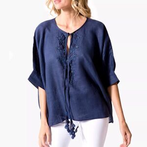 BELLA TU One Size OSFA Navy Blue Linen Beaded Tessa Tassel Tie Top NWOT